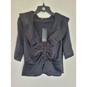 Nasty Gal Collection Black Button Through Drape Shoulder Blouse Size 8 NEW #1